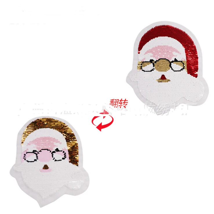 

New Cartoon Santa Reversible Change color Sequins Sew On Patches for clothes DIY Patch Applique Bag Clothing Coat Sweater Crafts