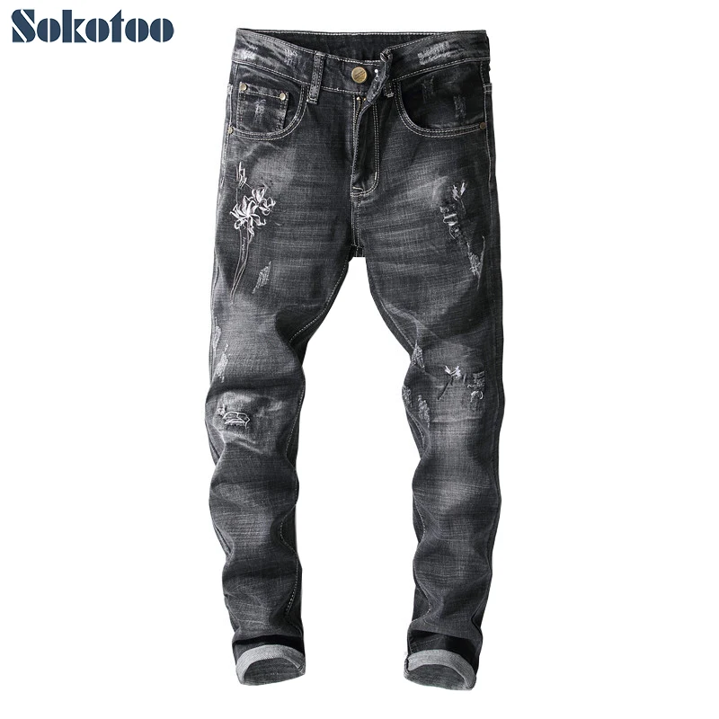 

Sokotoo Men's white flower embroidery ripped skinny jeans Embroidered black distressed stretch denim pants
