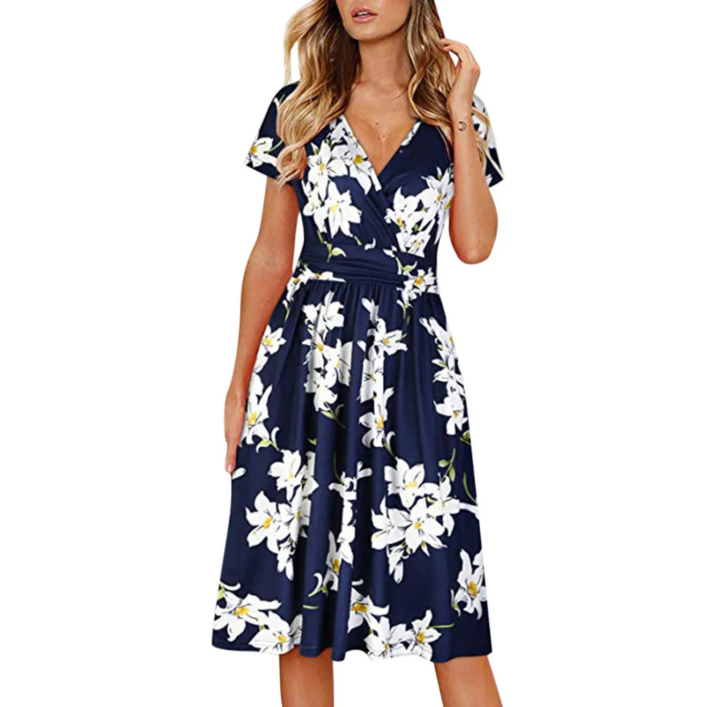 

Women Dress 2019 Vintage Sexy Bohemian Floral Tunic V Neck Short Sleeve Beach Dress Women Midi Dress Summer Female Vestidos