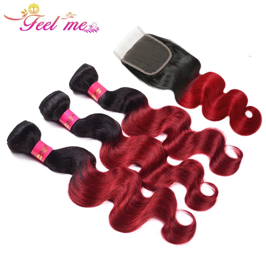 Feel Me Hair Body Wave Brazilian Weave Bundles With Closure Ombre Human 1b/burgundy Non-remy | Шиньоны и парики