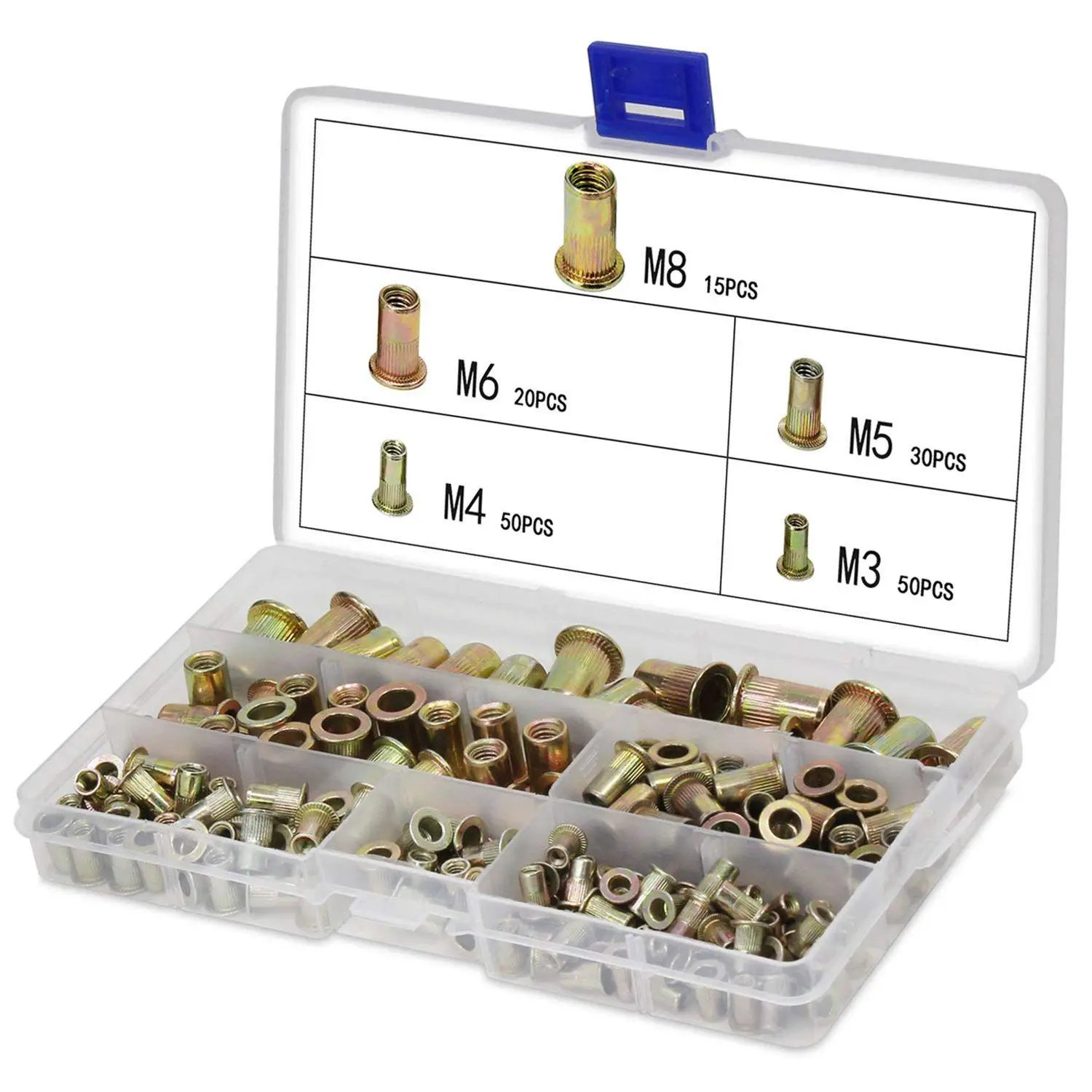 

SHGO-165PCS Plated Carbon Steel Rivet Nut M3 M4 M5 M6 M8 Flat Head Threaded Rivet Nutsert Cap Assortment Kits