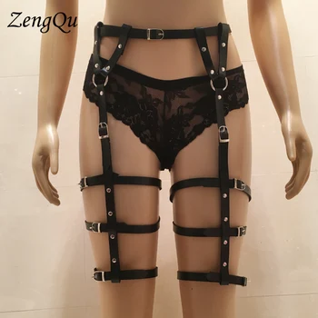 

Women sexy erotic harness belts bondage lingerie suspender belt gothic punk Faux Leather 3 Rows leg garters