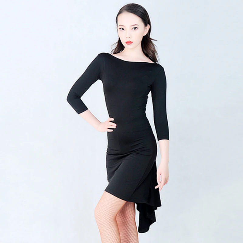 

Slim Latin Dress Black Mid-Sleeve Salsa Tango Rumba Practice Dance Wear Ballroom Samba Cha Cha Performance Dancing Outfit DC1674