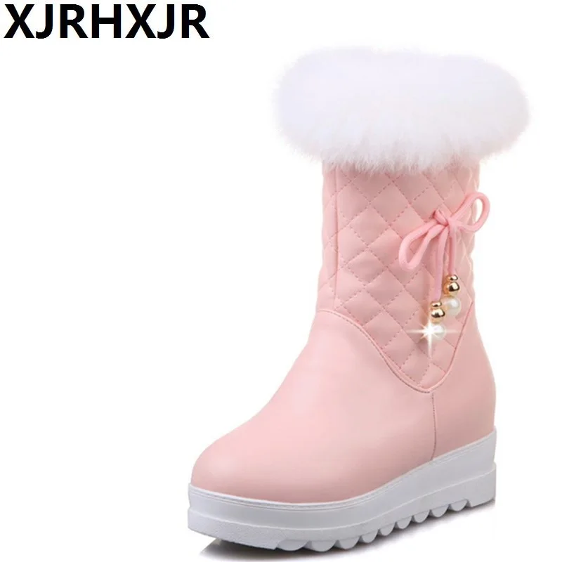 

XJRHXJR 33-43 New 2019 Fashion Warm Mid Calf Snow Boots Women Round Toe Leather Warm Down Winter Thick Fur Ladies Winter Shoes