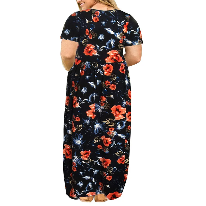 Женское летнее платье с цветочным принтом, повседневное винтажное платье большого размера с коротким рукавом, Элегантное Длинное Платье с карманами размера плюс 3XL-9XL