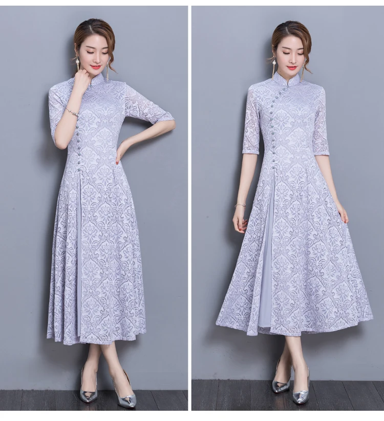 Woman Vintage Ao Dai Oriental Elegant Vietnam Traditional Dress 8Colors Stand Collar Asian Graceful Half Sleeve Swing Cheongsam