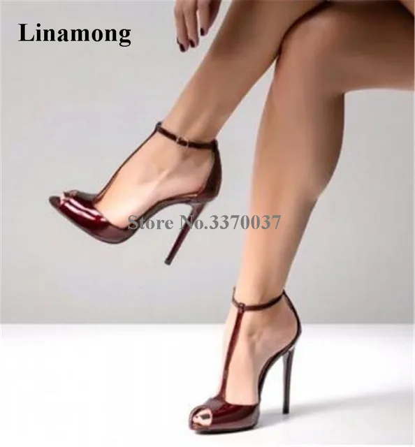 $US $54.97 Spring New Fashion Women Peep Toe Patent Leather Stiletto Heel Pumps Wine Red Ankle Strap High Heel