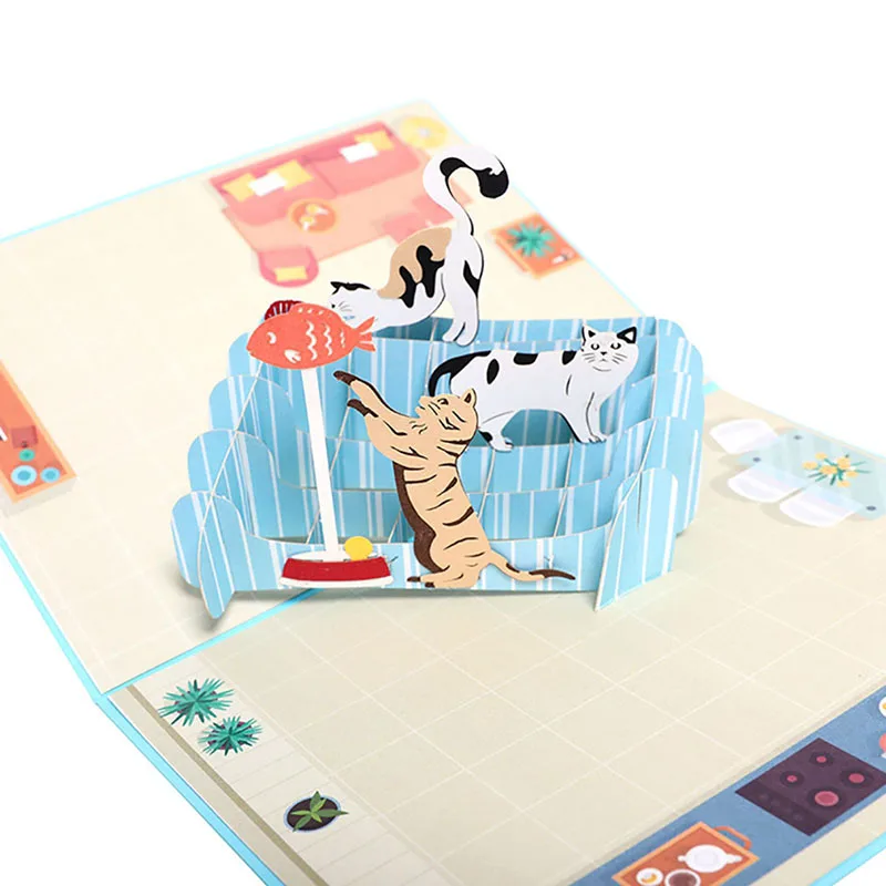  2020 New Postcard DIY Greeting Cards Handmade Birthday Wedding Invitations 3D Pop Up Card Cat Fish  - 33001640121