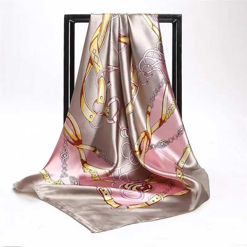 Летний женский шелковый шарф с принтом, атласные квадратные шарфы, женские роскошные дизайнерские шали 90*90 см, бандана, большой мусульманский хиджаб - Цвет: 5