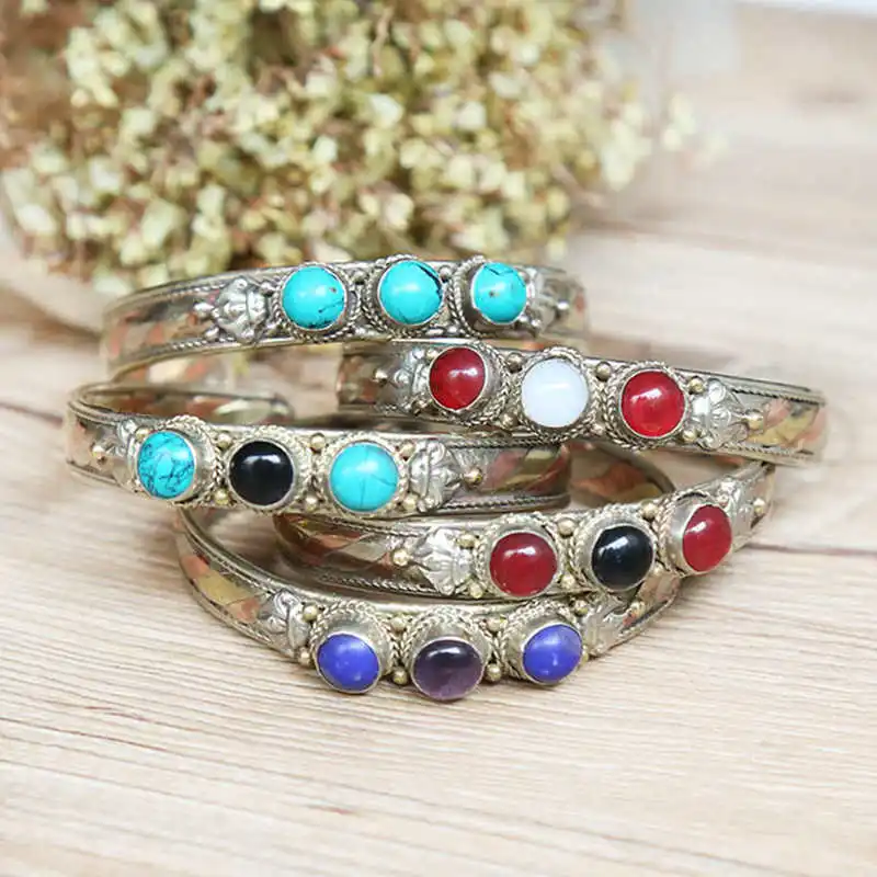 

BB-059 Indian Fashion Bangles Rose Copper Inlaid Colorful Beads Open Cuff Wholesale 10pcs lot Free Ship
