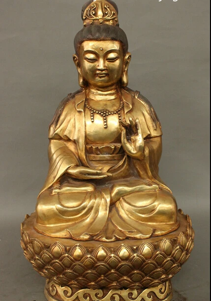 

005722 23" Folk Tibet Bronze Gilt Buddhism Kwan-Yin Guan Yin Pot Buddha Statue On Lotus