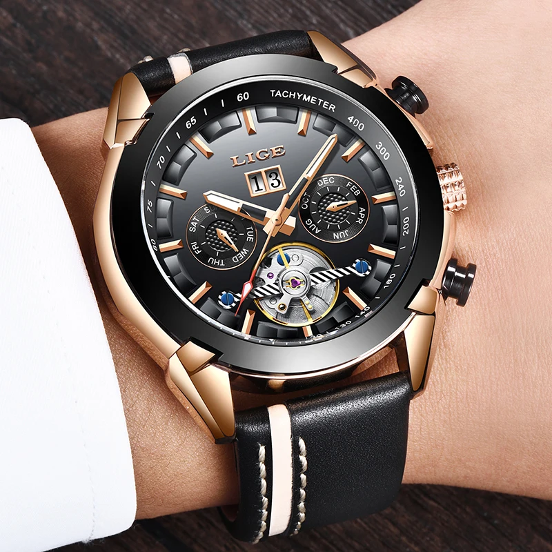 

2019 Men's Mechanical Watch LIGE Automatic Mechanical Watch Men's Military Leather Waterproof Fashion Clock Relogio Masculino