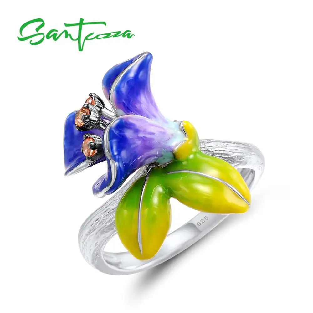 SANTUZZA Silver Rings For Women 925 Sterling Silver Fashion Flower Rings for Ladies Cubic Zirconia Ringen Party Jewelry Enamel