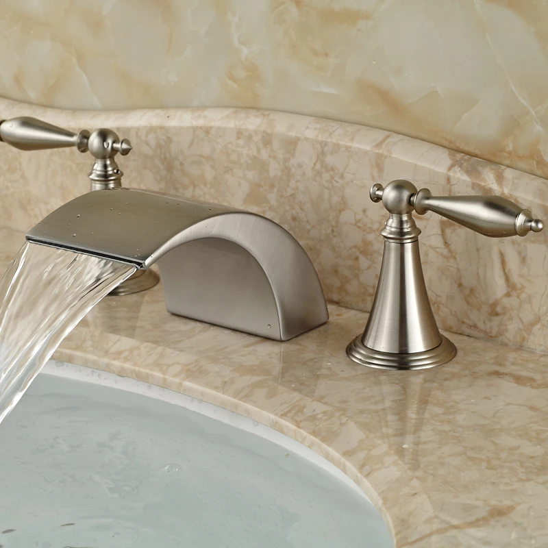 Brushed Nickel Deck Mount Hot Cold Water Basin Faucet Dual Handles Bathroom Waterfall Basin Mixer Tap