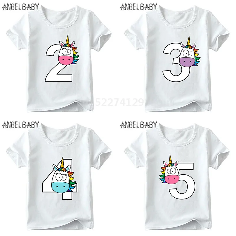 Boys/Girls Happy Birthday Rainbow Unicorn Number 1-9 Print T shirt Children Funny Gift Clothes Kids Cartoon Baby T shirt,ooo5239