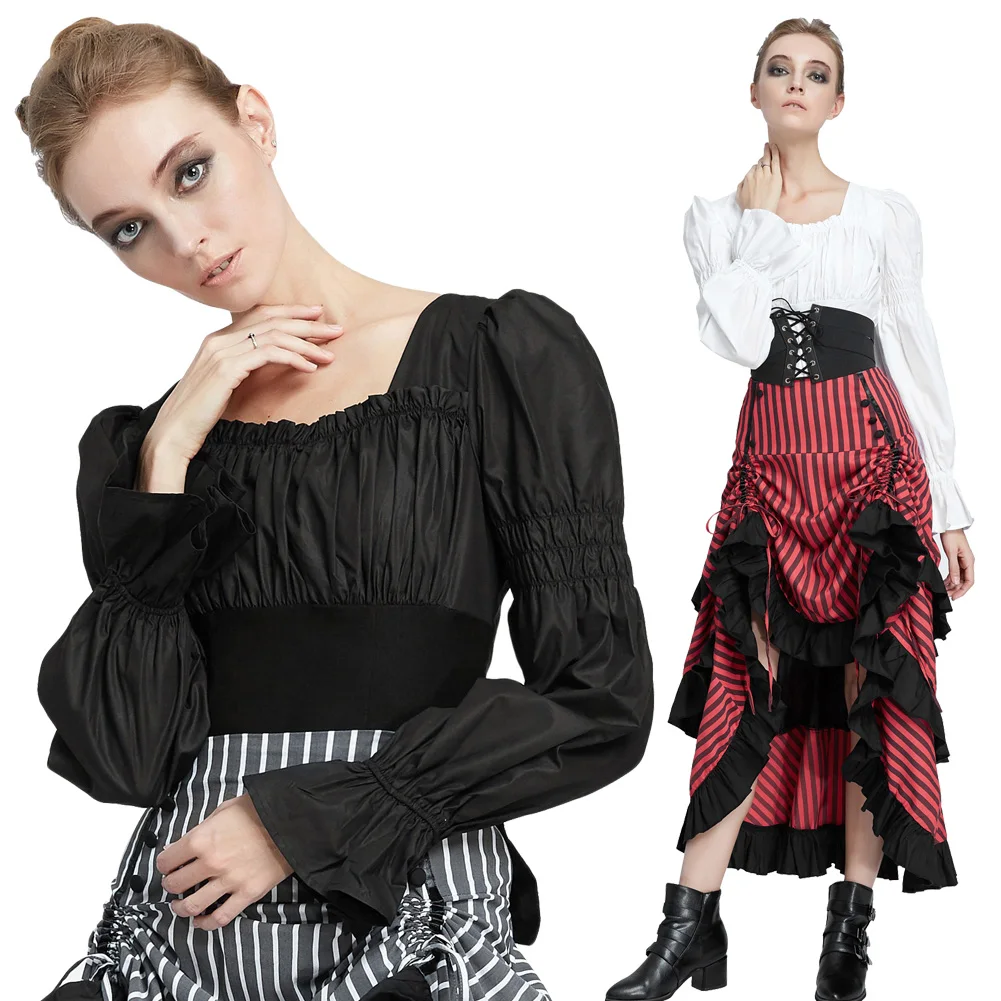  retro blouse Women vintage shirt Steampunk Renaissance Gothic Long Sleeve Square Neck Lolita Tops c