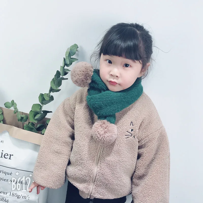 Корея, ручная работа, шерсть, вязаный однотонный плюшевый шар, детский шарф для девочек, шаль, осенне-зимняя одежда, Accessories-OZKSF050C5