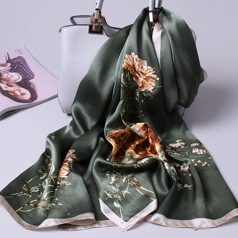

Women 100% Natural Silk Scarf Shawls Wraps Headscarf Flower Print Hangzhou Real Silk Scarves Ladies Neckerchief Foulard 170X53cm