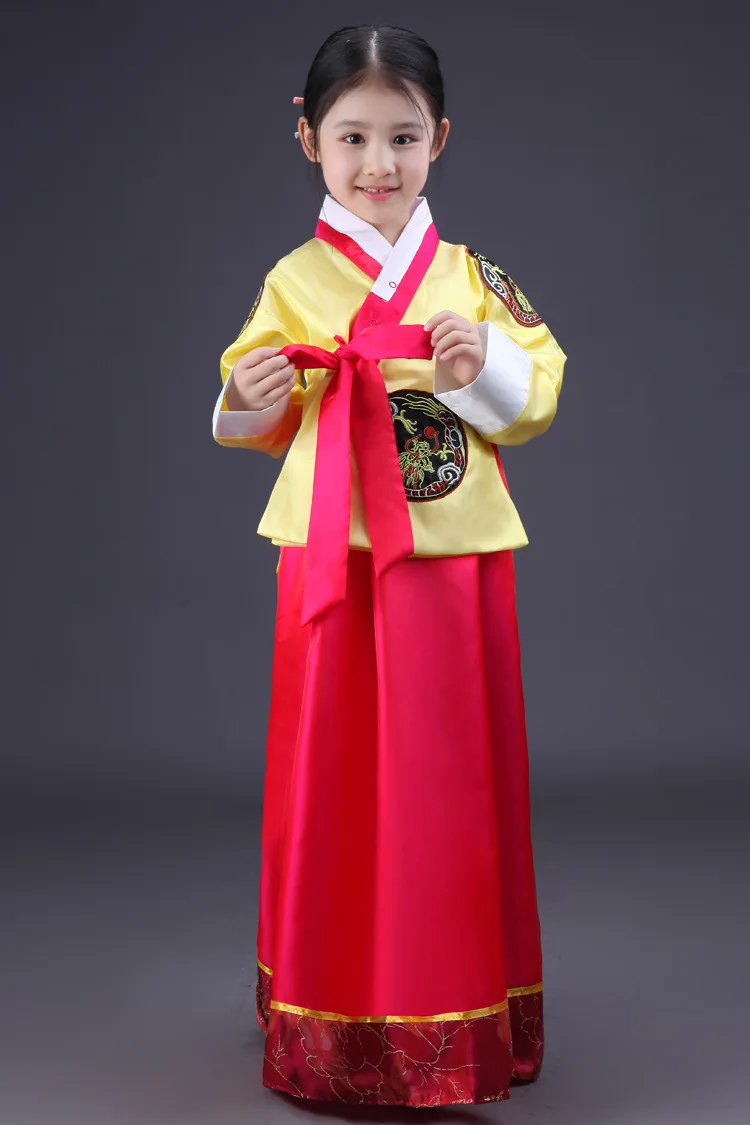 Yellow with red Детское платье в Корейском стиле; традиционный костюм для детей; Традиционное корейское платье для девочек; 4 цвета; школьная форма; танцевальный костюм; 16 - Цвет: Yellow with red