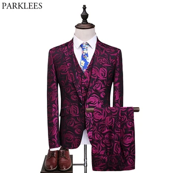 

Mens Luxury Rose Flower Print 3pcs Suit (Jacket+Pants+Vest) Wedding Groom Tuxedo Suit Men High-end Decent Dinner Costume Homme