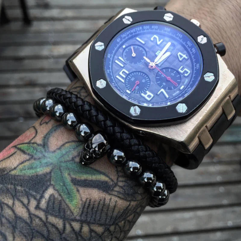 (Size Can Customzied )18-21cm Black Hematite Stone Elastic Bead Bracelet Male Skull Charms Bracelet & Bangle For Womens Men