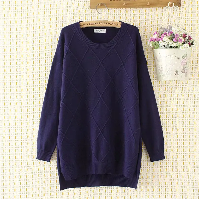 

Plus size O-Neck women Knitted pullover 2018 dark red & dark blue & pink argyle hollow out autumn ladies sweater wool female 4XL