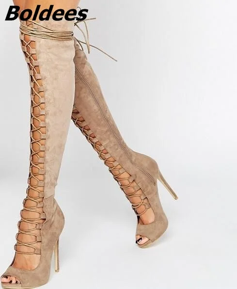 Luxury Black Taupe Suede Lace-up Strappy Over The Knee Boots Peep Toe Cut-out Gladiator Sandals Boots Women High Heel Shoes цена Luxury Black Taupe Suede Lace-up Strappy Over The Knee Boots Peep Toe Cut-out Gladiator Sandals Boots Women High Heel Shoes цены онлайн