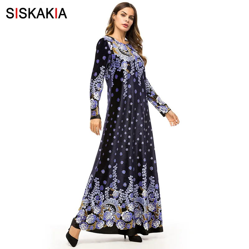 

Siskakia Vintage Print Velvet Long Dress Women Autumn Fall 2019 Urban Casual Maxi Dresses Muslim Ramadan Clothing Arab Eid Adha