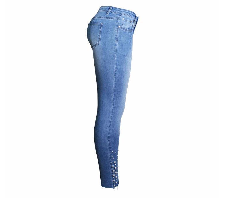 Женские Стрейчевые джинсы, украшенное жемчугом, дизайнерские брюки-карандаш, женские джинсовые брюки с эффектом пуш-ап, светильник с бусинами, синие, подтягивающие ягодицы размера плюс