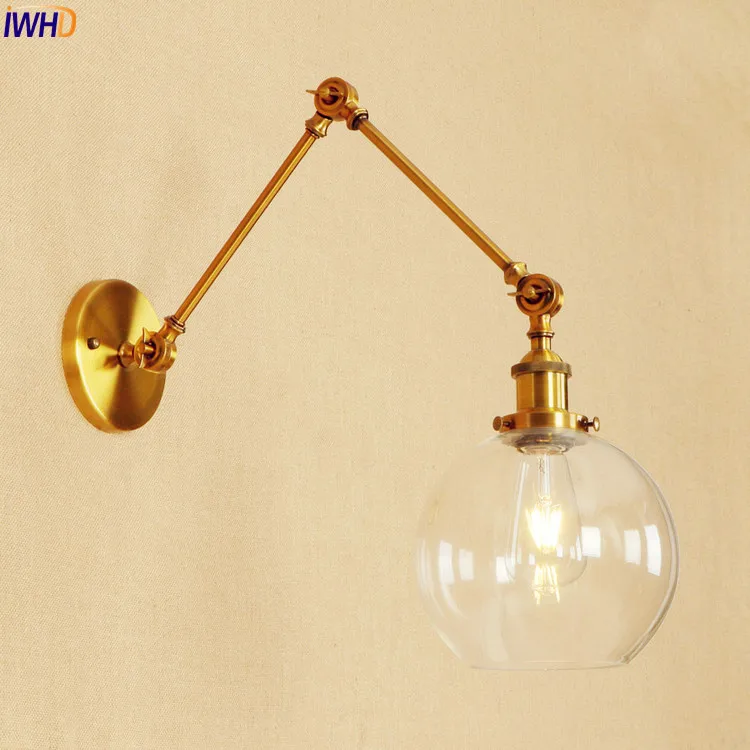 

IWHD Glass Ball Retro Vintage Wall Light Fixtures Gold Loft Industrial Edison Home Lighting Adjustable Long Arm Wall Lamp
