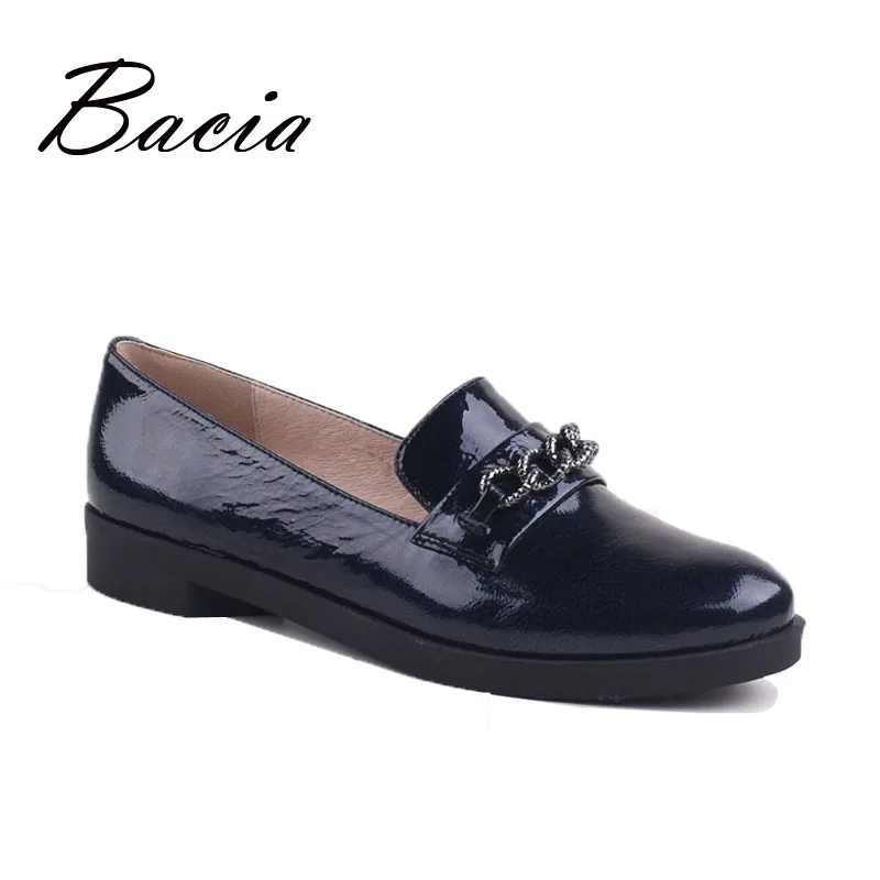 

Bacia Vintage Elegant Genuine Leather Flat Shoes Women Handmade Low Heel Chian Flats Solid Dark Blue Spring Fall Shoes VD004