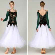 Long Sleeve Standard Ballroom Dance Dresses Women Dark Green Waltz Competition Dancing Skirt Adult Tango Ballroom Dance Dress