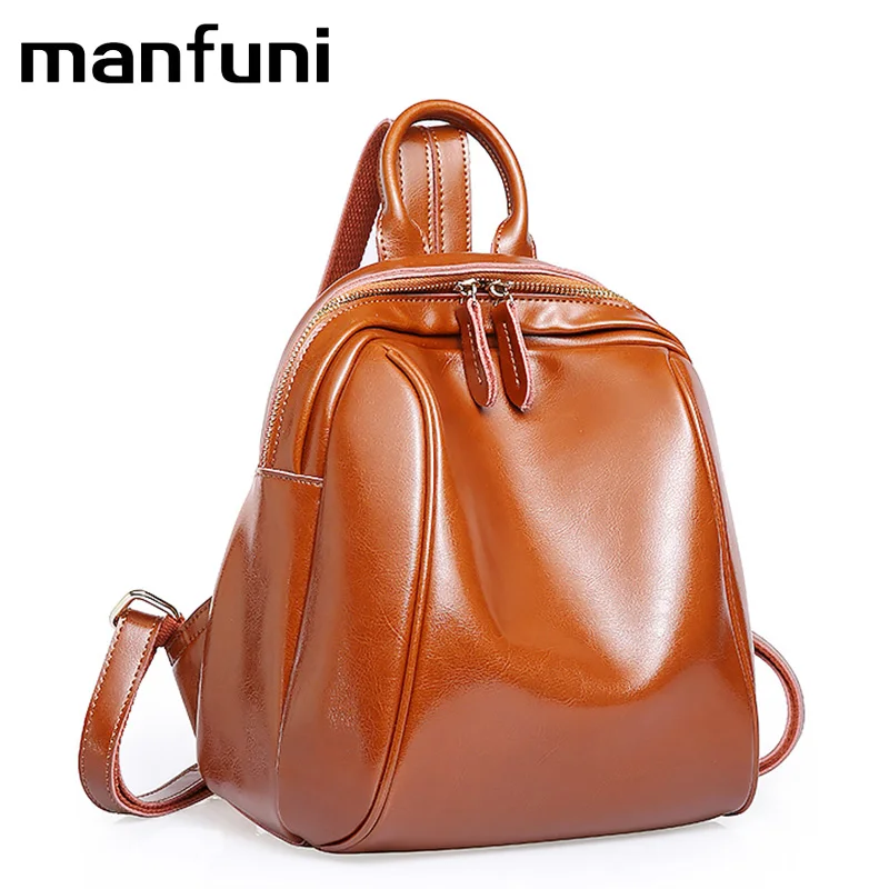 

MANFUNI Real Genuine Leather Women's Backpack Shoulder designer Oil wax Bags Ladies Pocket Girl Schoolbag teenage bags for girls