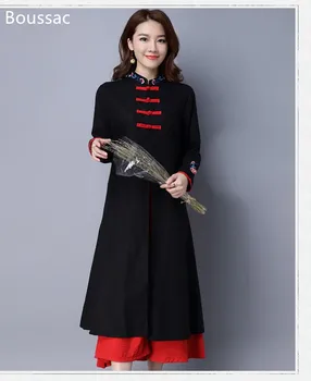 

Free shipping Spring long-sleeved Chinese national style big size hit color loosen casual embroidered dress for women
