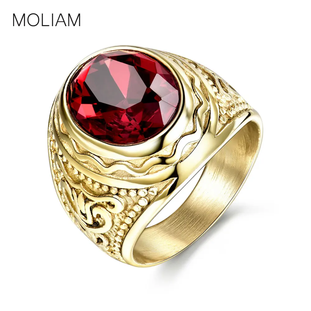 MOLIAM Retro Gothic Cool Male Rings with Red Stone Stainless Steel Ring