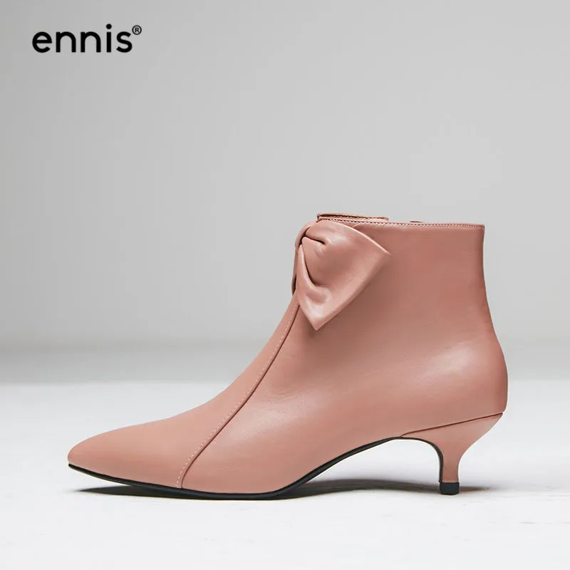 ENNIS 2019 Pink Boots Women Thin Heel Ankle Booties Genuine Leather Pointed Toe Bowtie Boots