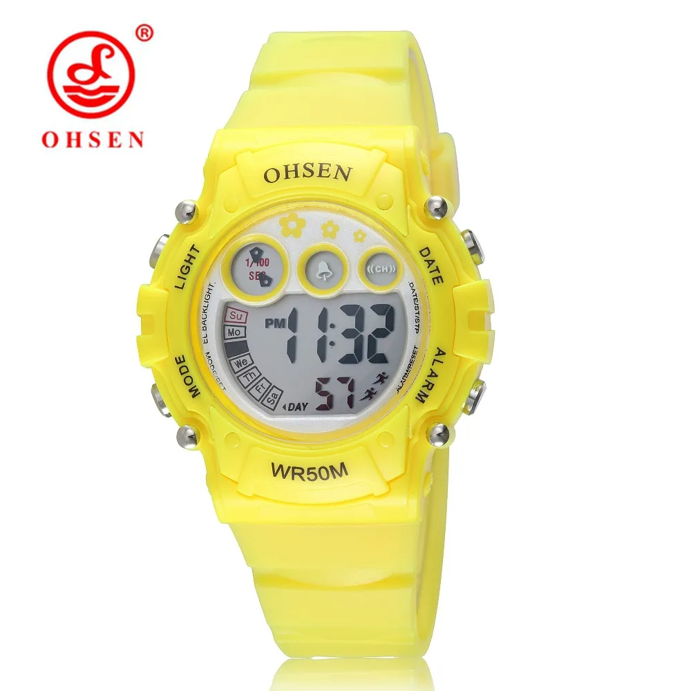 OHSEN, женские спортивные часы, пластиковый ремешок, 50 м, Diver, светодиодный, цифровые наручные часы, желеобразный цвет, водонепроницаемые часы для женщин - Цвет: Цвет: желтый
