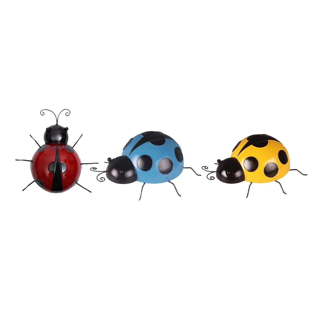 3Pcs Mini Metal Ladybug Fence Hanger Wall Hanging Animal Model Statue Garden Yard Lawn Decor Kids Children Toy - 10cm