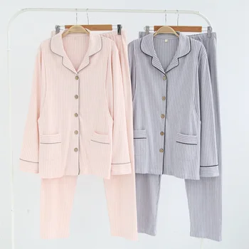 

Spring and Summer 100% Cotton Lactation Pajamas Pregnant Women Suits Long Sleeve Maternity Pijama Mujer Striped Sleepwear Pj Set