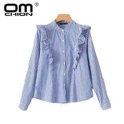 Omchion Blusa 2018 Весна О Средства ухода за кожей Шеи ретро синий и белый полосатый Блузки для малышек Для женщин Повседневное корейский оборками