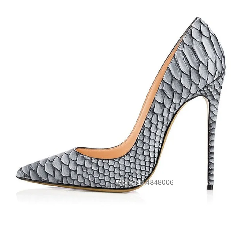 

2019 Fashion Women Lady Grey White Python Snake Leather Poined Toe Stiletto High Heel Pump Female Party Dress Shoes Plus Size 43