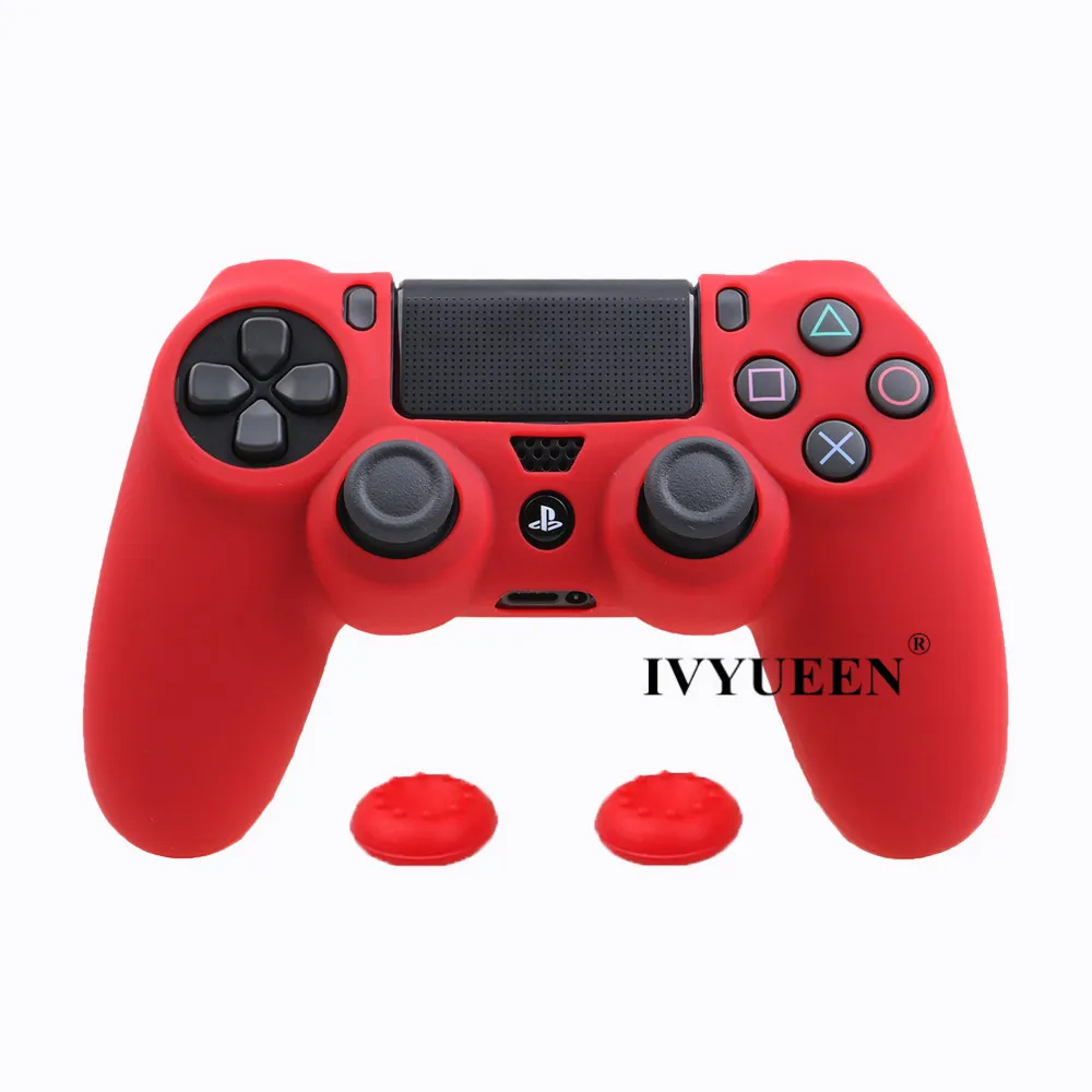 Красный Мягкий силиконовый резиновый чехол IVYUEEN для sony playstation Dualshock 4 PS4 DS4 Pro, тонкий контроллер, кожный чехол+ 2 ручки для большого пальца - Цвет: Красный