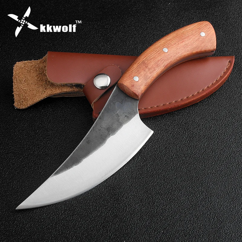 Online KKWOLF de acero de alto carbono cuchillo de caza fijo carne de cerdo cuchillo 58HRC palo de rosa supervivencia afilada camping táctico cuchillos de rescate