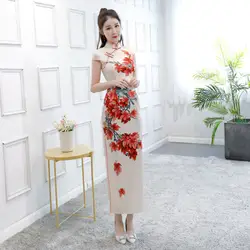 Новый Винтаж леди атласная Sexy Cheongsam китайское традиционное женское платье Элегантный цветочный принт тонкий ручной работы и пуговицы Qipao
