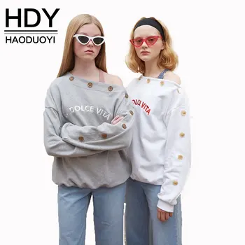 

HDY Haoduoyi Streetwear Personality Oblique Shoulder Exposed Asymmetric Button Decoration Embroidered Letter Sweatshirt