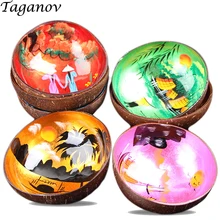 5Pcs / Lot Coconut Shell Bowl Freehand Sketching Colorful Decoration Candy Bowls Food Container Chinese Landscape Painting gifts simple style coconut tree freehand sketching pattern pillowcase