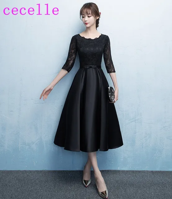Special Price 2019 Black Vintage Tea Length Modest Bridesmaid Dresses Short Half Sleeves Lace Satin Modest Wedding Party Dress Sleeved Special Price 2019 Black Vintage Tea Length Modest Bridesmaid Dresses Short Half Sleeves Lace Satin Modest Wedding Party Dress Sleeved