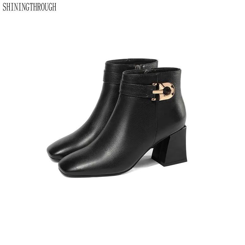 

Fashion Women Ankle Boots Genuine Leather Autumn Winter Warm High Heels Motorcycle Boots Brand Shoes Woman large size 41 42