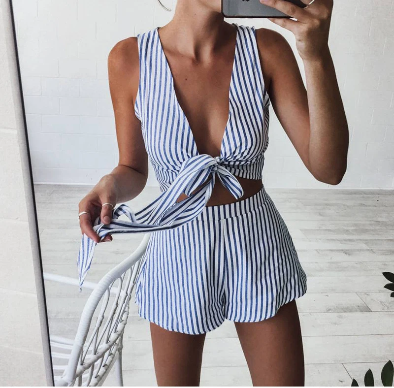 Summer Sleeveless Deep V Neck Club Party Crop Tops+Shorts Striped Two ...