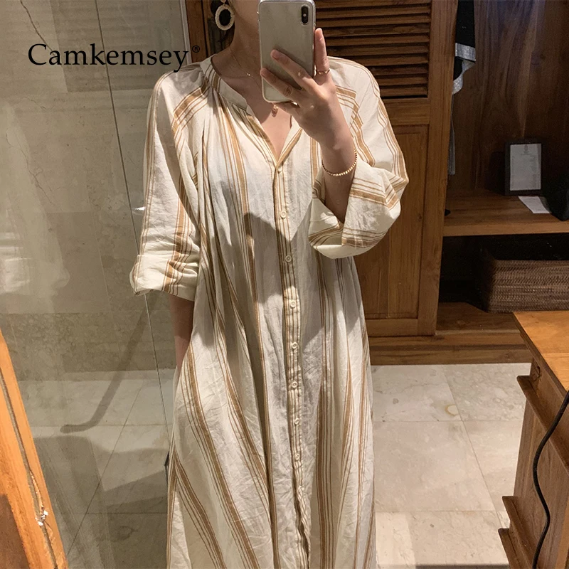 

CamKemsey Korean Chic Loose Long Shirt Dress Women 2019 Spring Summer Vacation Beach Wear Plus Size Striped Robe Vestidos
